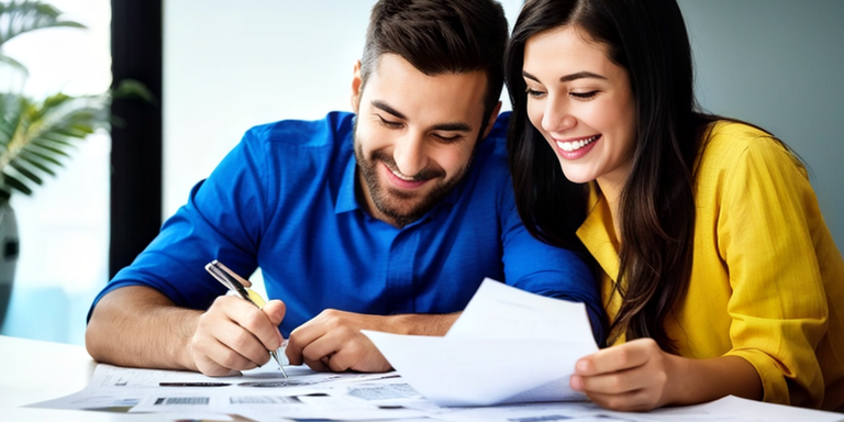 a-family-or-couple-sitting-at-a-table-looking-at-papers-and-financial-documents-with-happy-faces-t